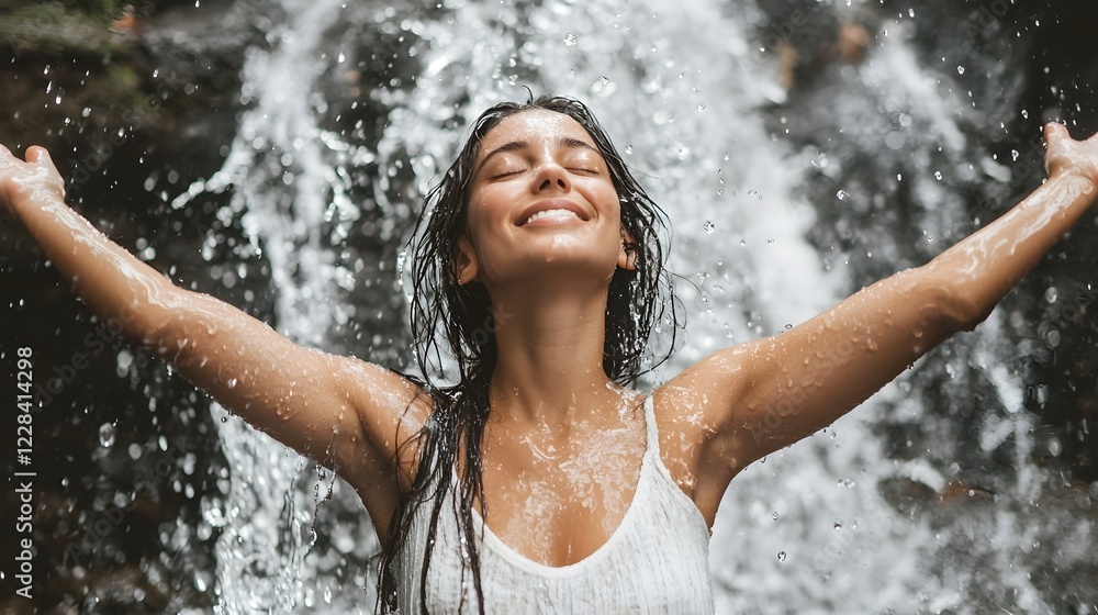 Fototapeta premium Joyous Woman Celebrating Renewed Vitality as Water Gracefully Streams and Splashes Around Her Evoking Feelings of Serenity Brightness and Vibrant Outdoor Bliss