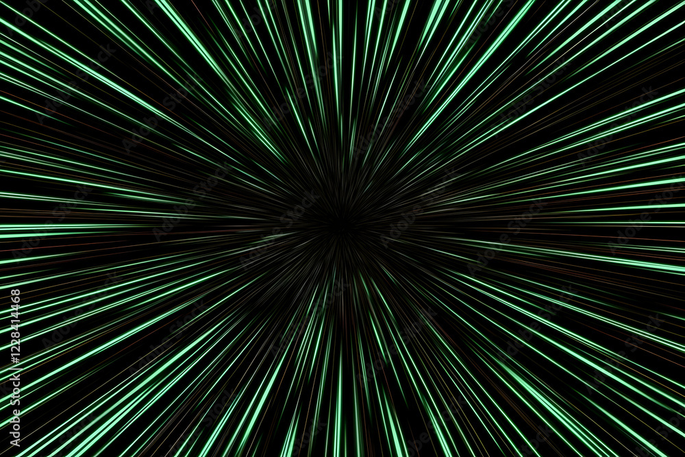 Abstract Background with Green Neon Lines Radiating Outward from the Center on Black Background. Abstract Background with Green Neon Lines Radiating Outward from the Center on Black Background.