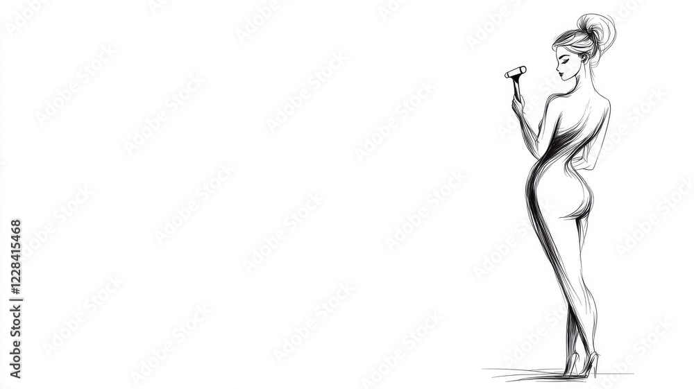 Sketch of nude woman with elegant pose, holding roller brush Sketch of nude woman with elegant pose, holding roller brush