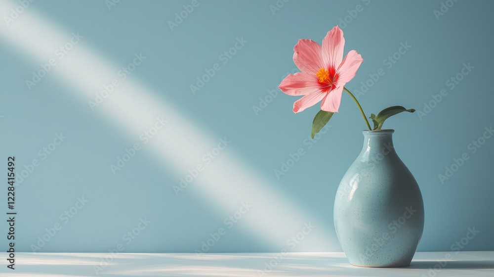 Single Pink Flower in Blue Vase on Light Background Single Pink Flower in Blue Vase on Light Background