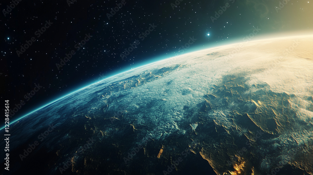Obraz premium a rugged planet with vast, rocky plains and shallow oceans shimmering under soft, diffused light.
