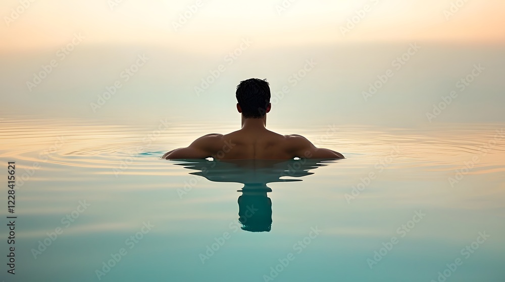 Serene and tranquil moment of a man surrounded by reflective water surfaces in a softly lit nature filled setting that evokes feelings of brightness freshness and vitality Serene and tranquil moment of a man surrounded by reflective water surfaces in a softly lit nature filled setting that evokes feelings of brightness freshness and vitality