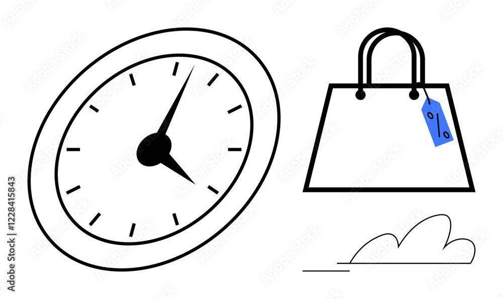Clock showing time and shopping bag with blue price tag next to a simple line cloud. Ideal for retail, time management, efficiency, consumer behavior, shopping strategies, productivity, punctuality Clock showing time and shopping bag with blue price tag next to a simple line cloud. Ideal for retail, time management, efficiency, consumer behavior, shopping strategies, productivity, punctuality