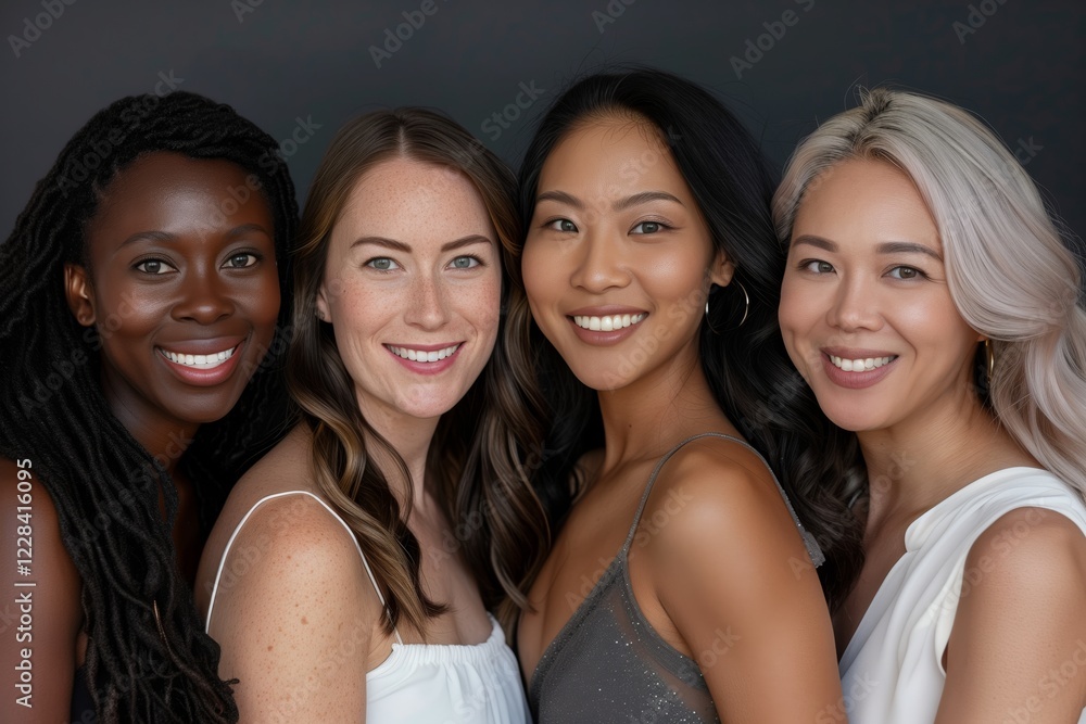 Fototapeta premium A diverse group of joyful women demonstrate bonding, friendship, and multicultural diversity, reflecting positivity and unity. They embrace themes like togetherness and multiracial portraits