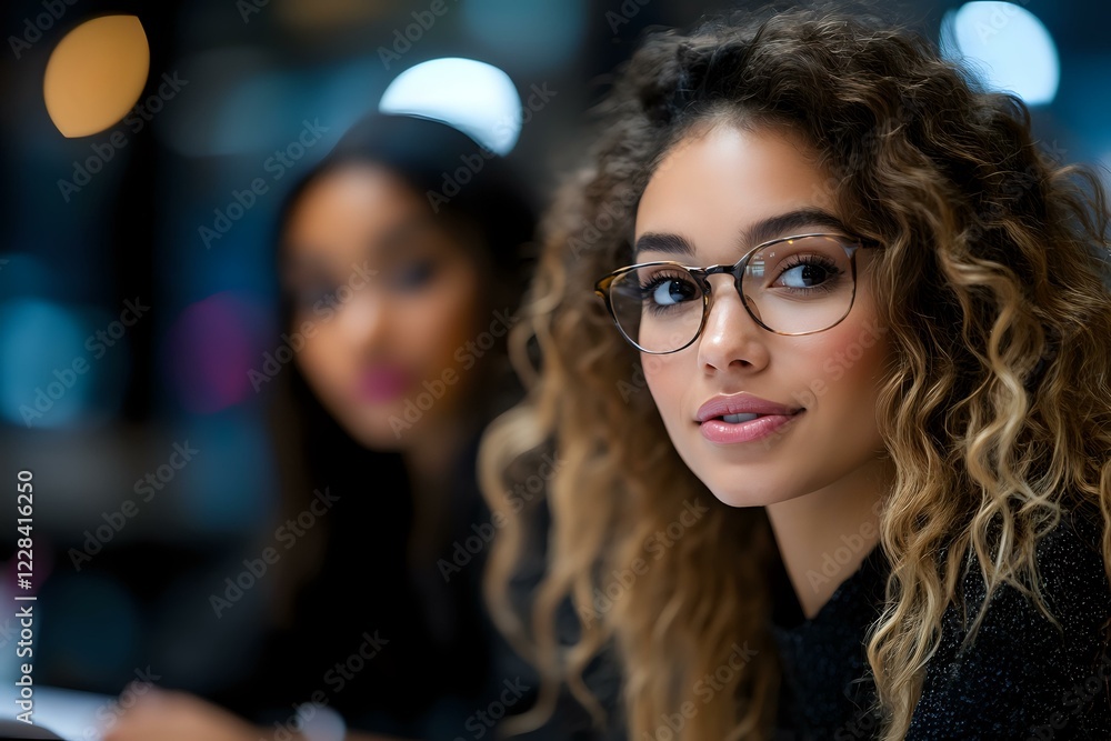 Obraz premium Young mixed race woman with curly blonde ombre hair and stylish glasses smiling confidently in office environment with bokeh lights and coworker in background.