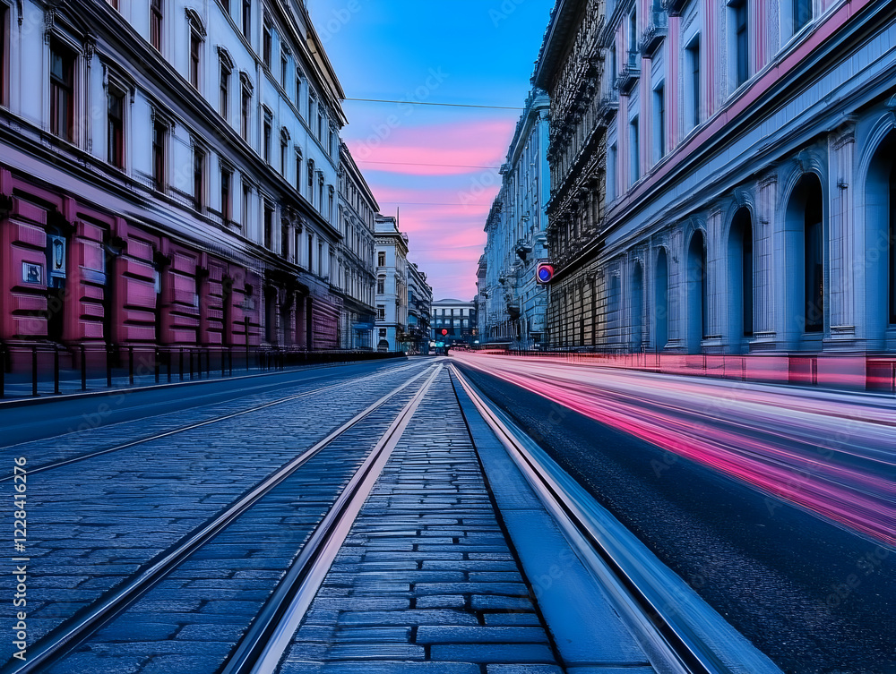 Fototapeta premium City Street at Dusk with Light Trails and Cobblestone Road