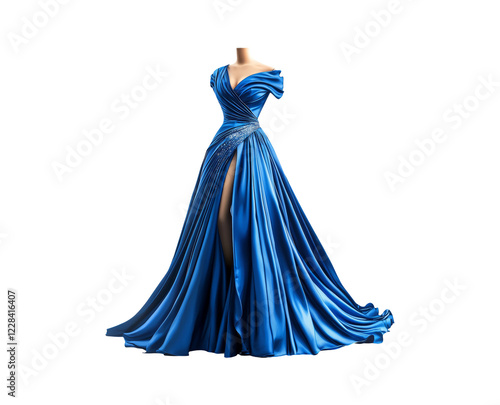 Elegant Blue Gown with High Slit and Flowing Fabric photo