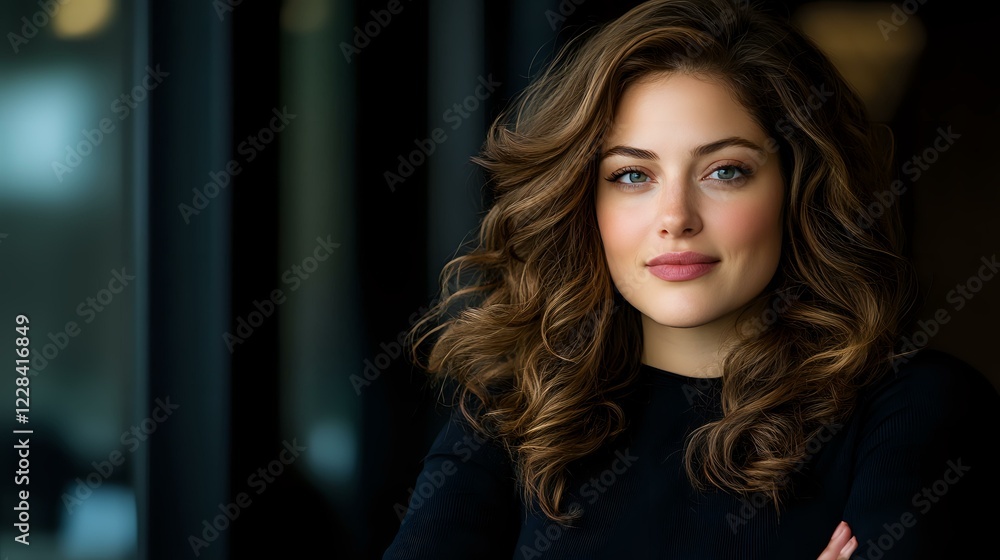 Fototapeta premium Young professional woman with wavy brown hair and natural makeup smiling confidently with arms crossed against dark background, suitable for business and lifestyle content.