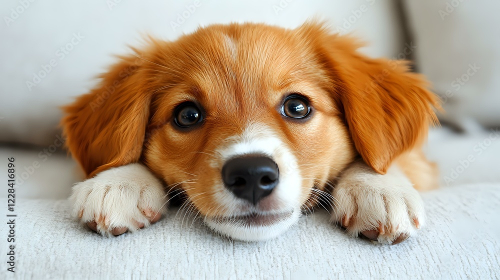 Adorable ginger and white mixed breed puppy with expressive eyes lying on light gray couch, head resting between paws in endearing pose for pet photography. Adorable ginger and white mixed breed puppy with expressive eyes lying on light gray couch, head resting between paws in endearing pose for pet photography.