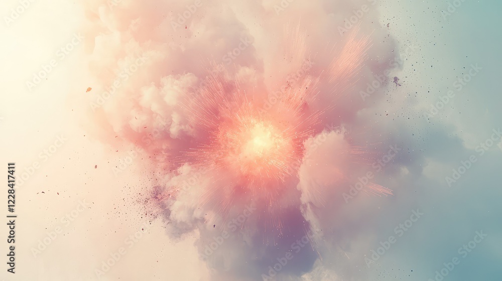 Fototapeta premium Colorful explosion cloud against a soft background of blue and pink