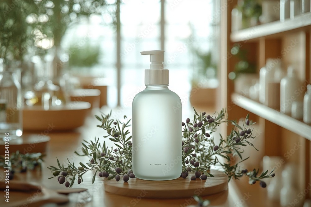 Frosted Glass Pump Bottle with Olive Branches on Wooden Table Frosted Glass Pump Bottle with Olive Branches on Wooden Table