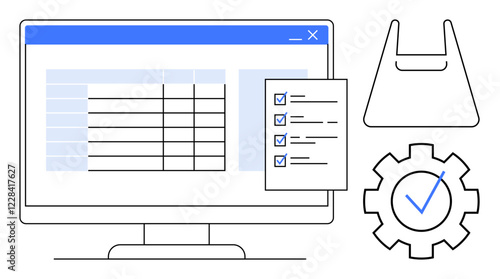 Computer screen displaying a spreadsheet, checklist with checkmarks, shopping bag, gear with checkmark. Ideal for productivity, workflow management, organization, ecommerce, quality control