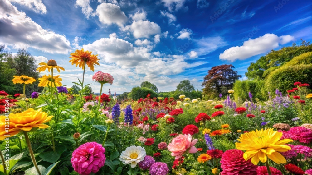 Obraz premium Vibrant flowers blooming in a garden amidst lush greenery and blue sky, green, colorful flowers