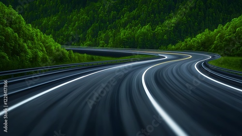 Winding road through lush green forest; scenic drive, nature background; travel, tourism photo