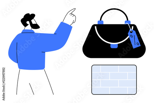 Man in blue pointing towards a black handbag with a price tag, adjacent to a brick wall. Ideal for retail, fashion, shopping, consumer behavior, urban lifestyle, visual merchandising, abstract line