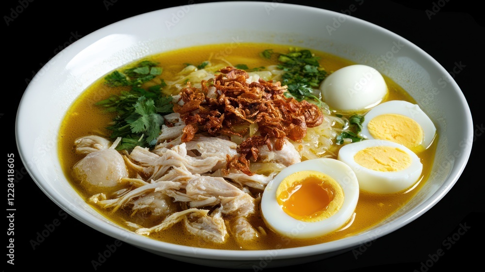 Delicious Chicken Noodle Soup with Hard-Boiled Eggs and Crispy Onions Delicious Chicken Noodle Soup with Hard-Boiled Eggs and Crispy Onions