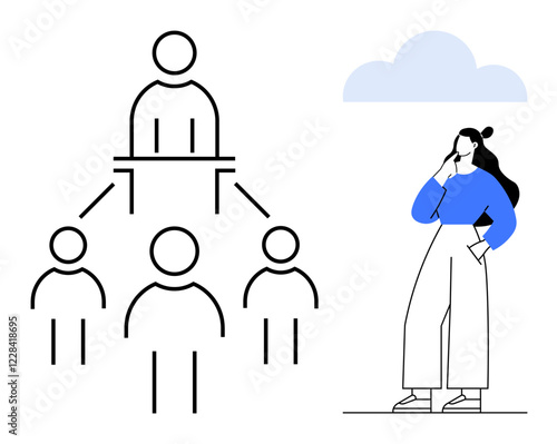 Organizational hierarchy with one leader and three subordinates connected by lines, beside a thoughtful woman with blue top and cloud. Ideal for business management, teamwork, strategy planning