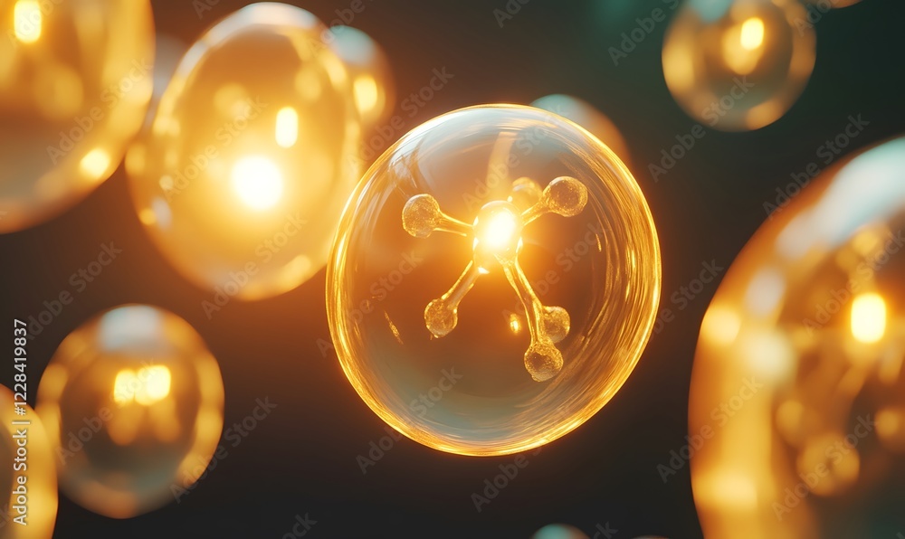 Glowing atom molecule in sphere, dark background, science concept