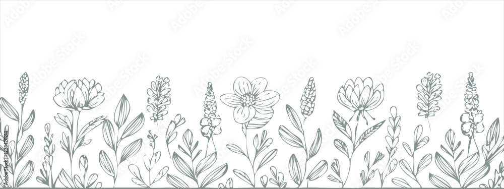Fototapeta premium Botanical arts. Hand drawn continuous line drawing of abstract flower, floral, rose, tropical leaves, spring and autumn leaf, bouquet of olives. Vector background illustration.