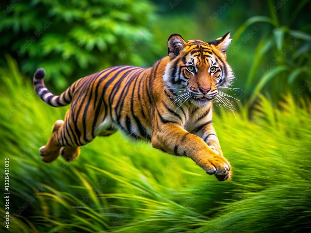 Obraz premium Young Tiger Leaping: Macro Jungle Predator Hunt Action Shot