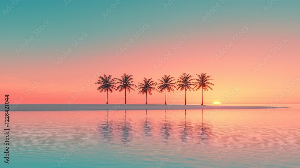 Tranquil Sunset Over Secluded Island with Palm Trees and Reflections Tranquil Sunset Over Secluded Island with Palm Trees and Reflections