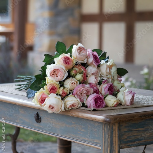 A beautiful bouquet of roses in soft hues of pink and white arranged elegantly on a rustic wooden table, enhancing the serene outdoor setting. photo