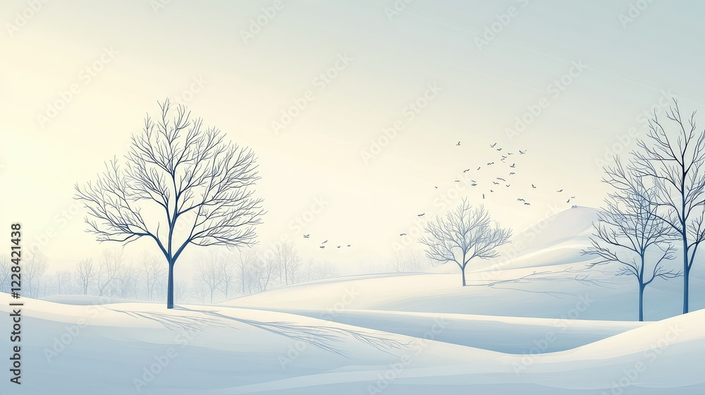 Serene Winter Landscape with Bare Trees and Soft Snowy Hills Serene Winter Landscape with Bare Trees and Soft Snowy Hills