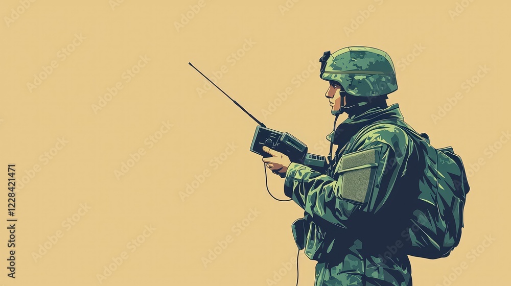 Soldier Operating Communication Device in Military Uniform and Gear Soldier Operating Communication Device in Military Uniform and Gear