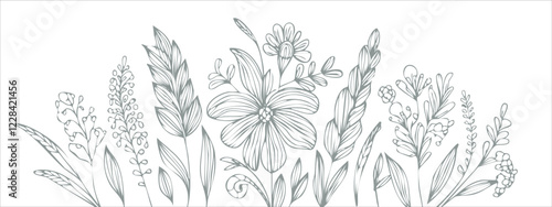 Botanical arts. Hand drawn continuous line drawing of abstract flower, floral, rose, tropical leaves, spring and autumn leaf, bouquet of olives. Vector background illustration.