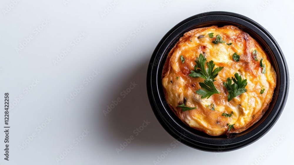 Baked dish with cheese and herbs in black bowl