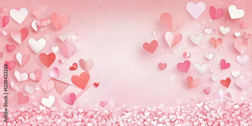 A pastel pink background with an envelope filled with paper hearts, symbolizing love and affection for a Valentine's Day celebration. A pastel pink background with an envelope filled with paper hearts, symbolizing love and affection for a Valentine's Day celebration.