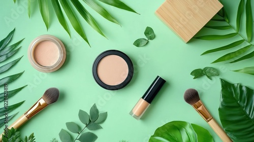 Natural Beauty Makeup Flatlay with Tropical Leaves photo