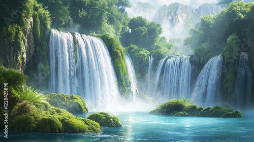 Lush Waterfall Nature Scene, Calm Pool, Misty Forest Background, Travel Poster