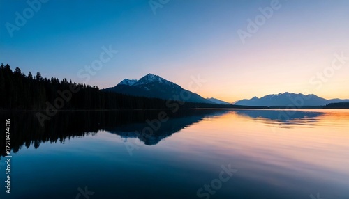 Wallpaper Mural A stunning sunset over a calm lake with silhouettes of trees and mountains reflecting on the water. Torontodigital.ca