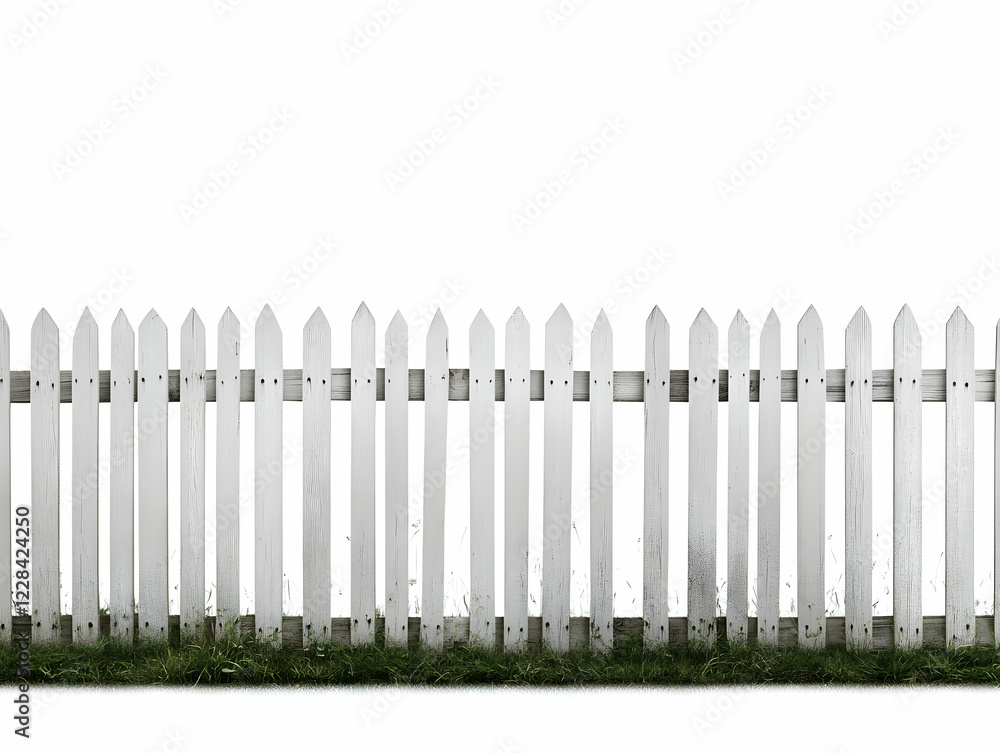 White Picket Fence Stands Tall with Green Grass Below on White Background White Picket Fence Stands Tall with Green Grass Below on White Background
