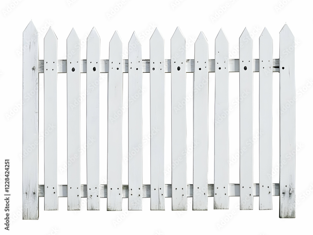 White Picket Fence Stands Tall and Weathered Against a Bright White Backdrop White Picket Fence Stands Tall and Weathered Against a Bright White Backdrop
