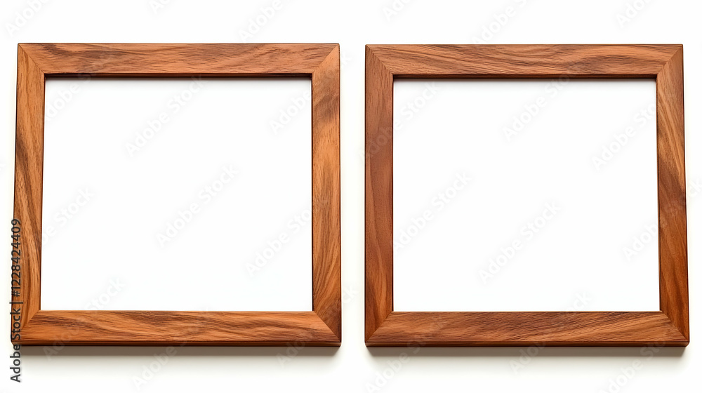 Two Empty Wooden Picture Frames Isolated on White Background with Copy Space for Design and Template Two Empty Wooden Picture Frames Isolated on White Background with Copy Space for Design and Template