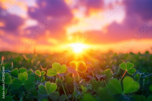 Clover field at sunset with vibrant orange sky