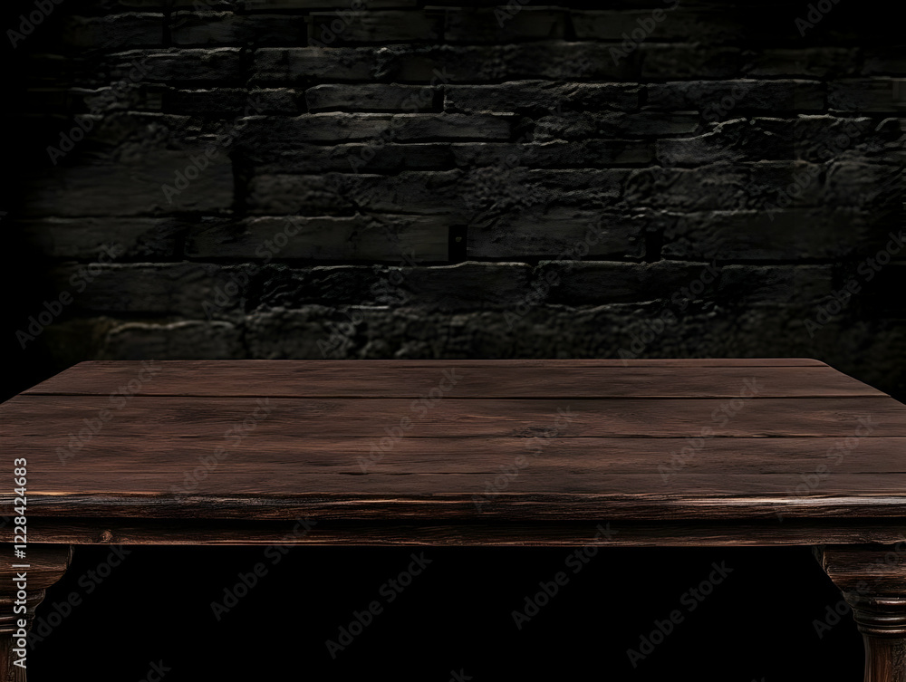 Empty Wooden Table Against Dark Brick Wall Background for Product Placement Empty Wooden Table Against Dark Brick Wall Background for Product Placement