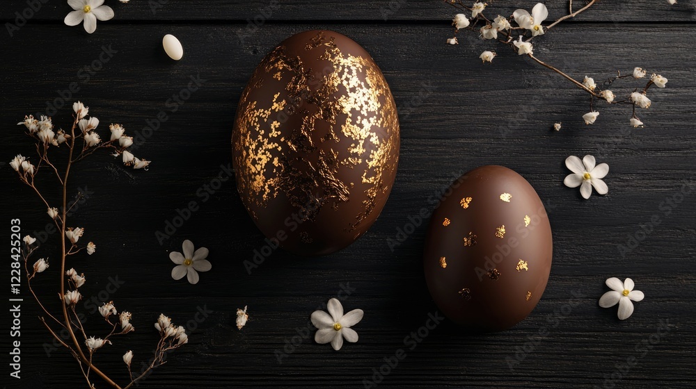 Obraz premium A big chocolate egg next to a smaller one, styled on a dark wooden background with golden foil and delicate Easter decorations.