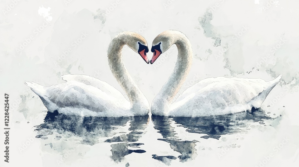 Fototapeta premium Elegant Swans Forming Heart Shape on Serene Water Reflection