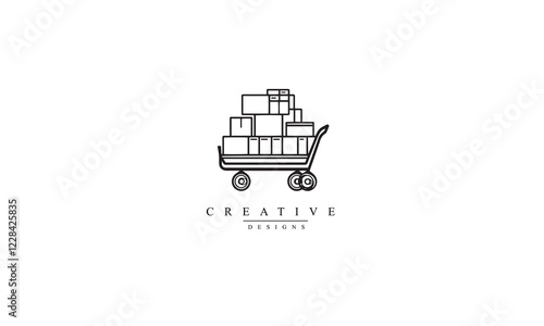 Trolley handcart with cardboard boxes filled outline icon black logo white background