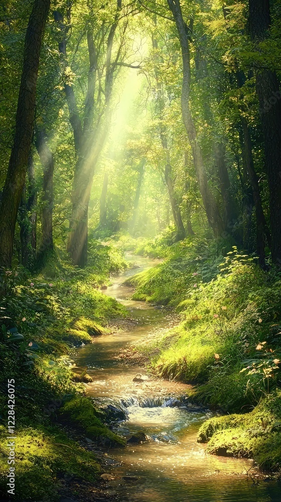 Obraz premium Serene Forest Path with Gentle Stream and Soft Sunlight Glimmering