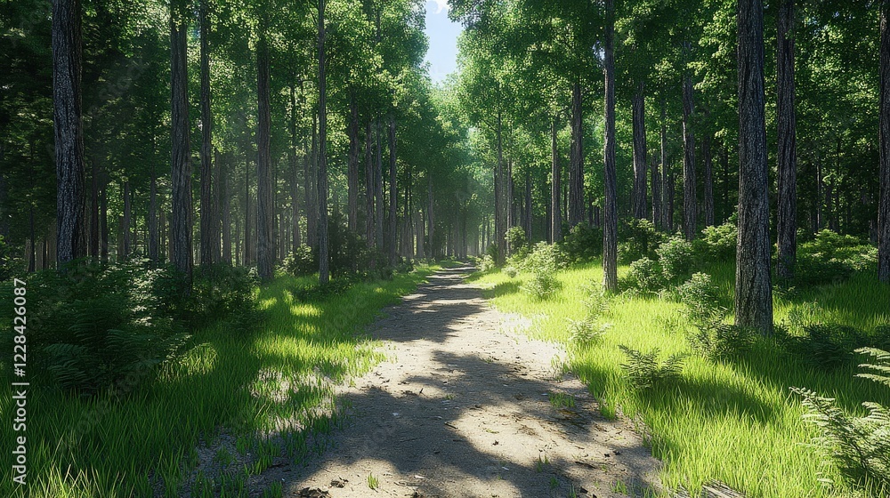 Obraz premium Serene forest path surrounded by lush greenery and sunlight filtering through trees