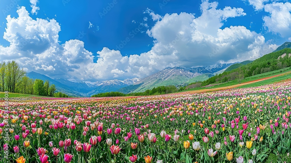 Colorful Tulip Field Under Blue Sky and White Clouds in Spring Colorful Tulip Field Under Blue Sky and White Clouds in Spring