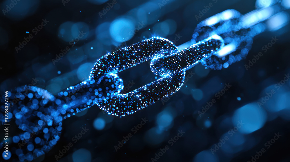 A Digital blockchain chain link with glowing particles and blue background A Digital blockchain chain link with glowing particles and blue background