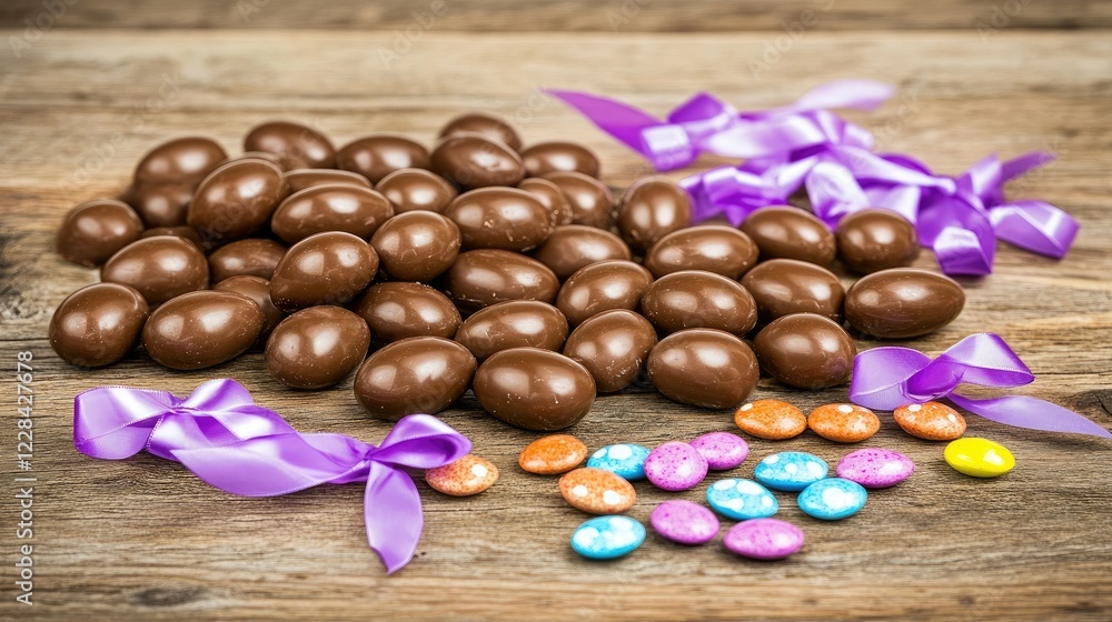 Big and small chocolate Easter eggs, arranged on a rustic wooden table, surrounded by colorful Easter candy and ribbons. Big and small chocolate Easter eggs, arranged on a rustic wooden table, surrounded by colorful Easter candy and ribbons.