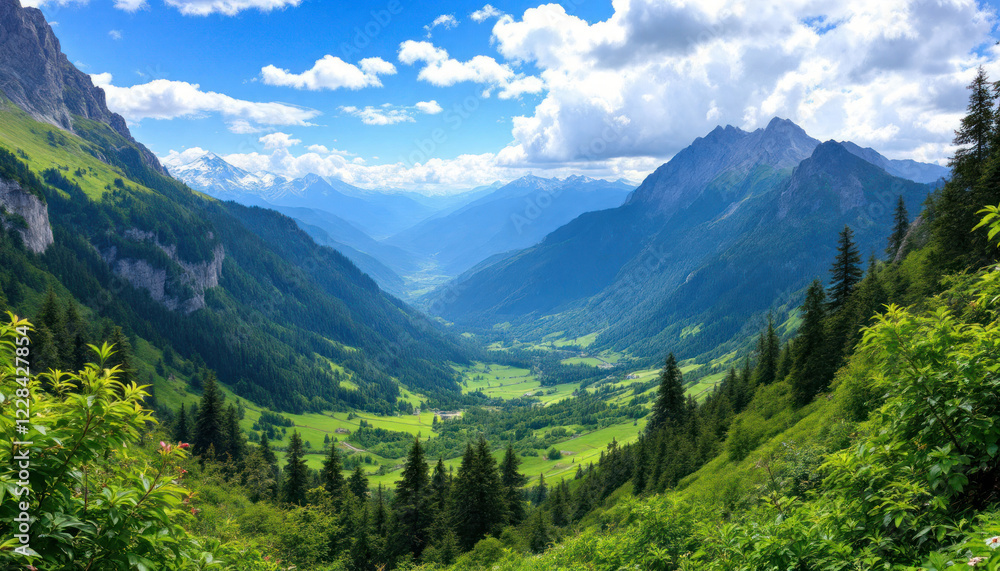 Fototapeta premium Majestic Alpine Valley Panorama: Breathtaking View of Verdant Slopes and Mountain Peaks under a Summer Sky