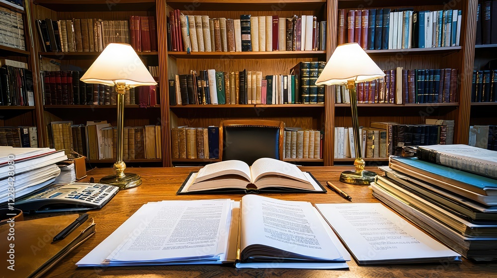 Fototapeta premium Cozy Library Workspace with Open Books and Warm Lighting