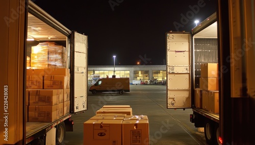 A truck unloading boxes into the cargo area of an industrial warehouse at dusk.